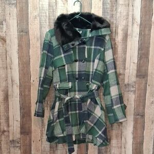 Zeagoo Green Plaid Coat with Fur Collar Women's XL NWT